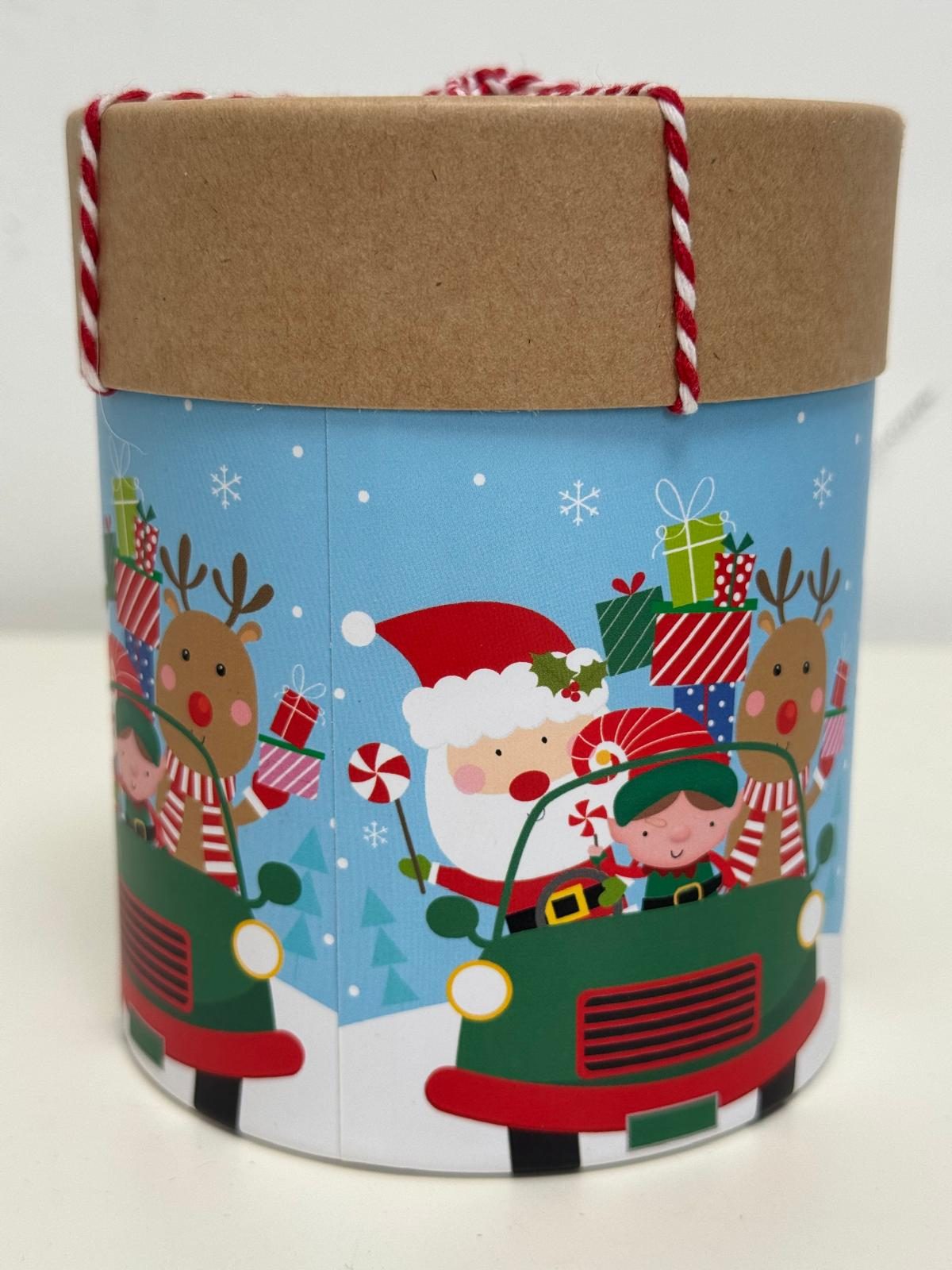 Round Christmas gift box with Santa's sleigh design