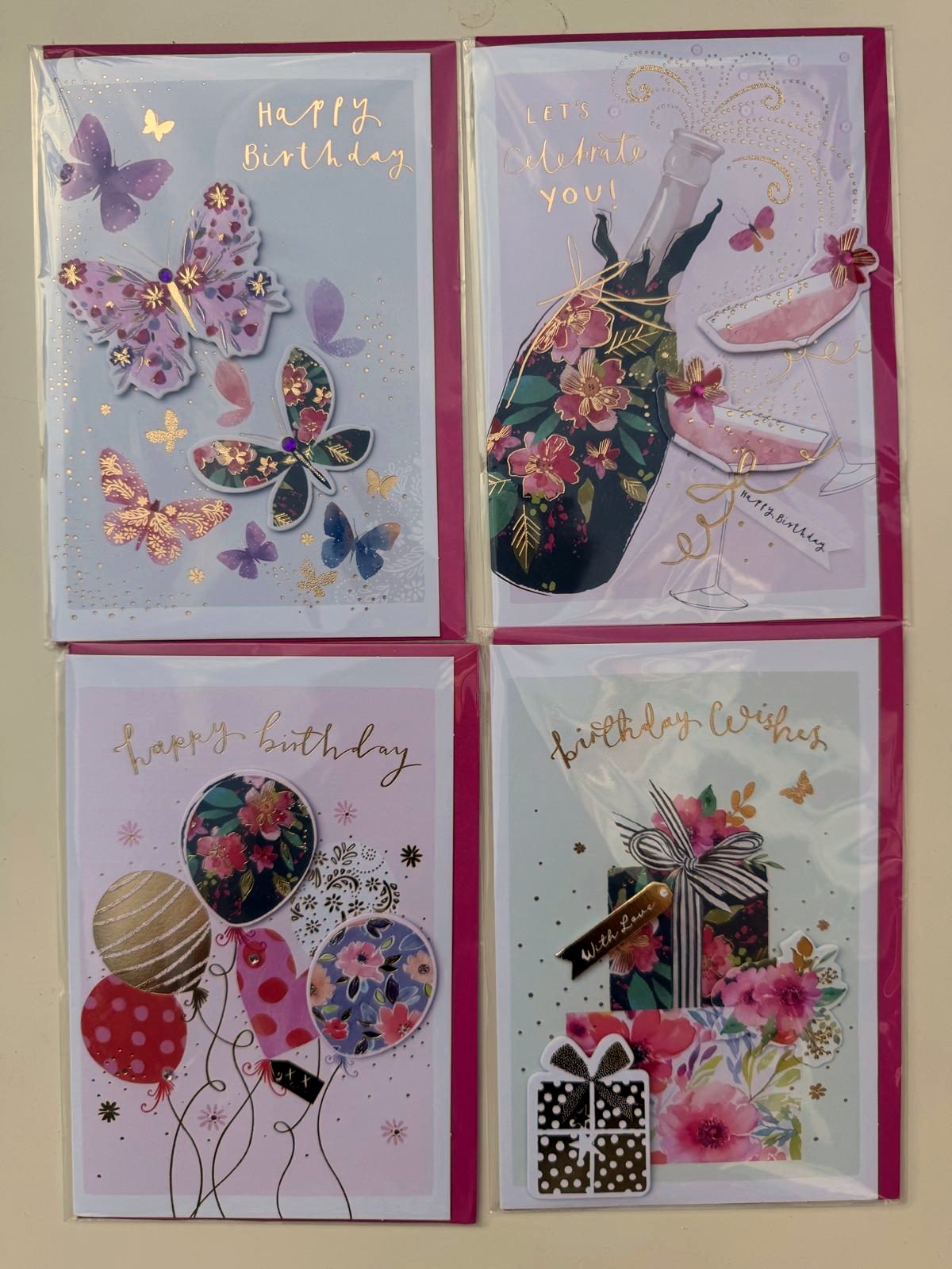 Handmade birthday cards with butterfly, balloon and gift designs